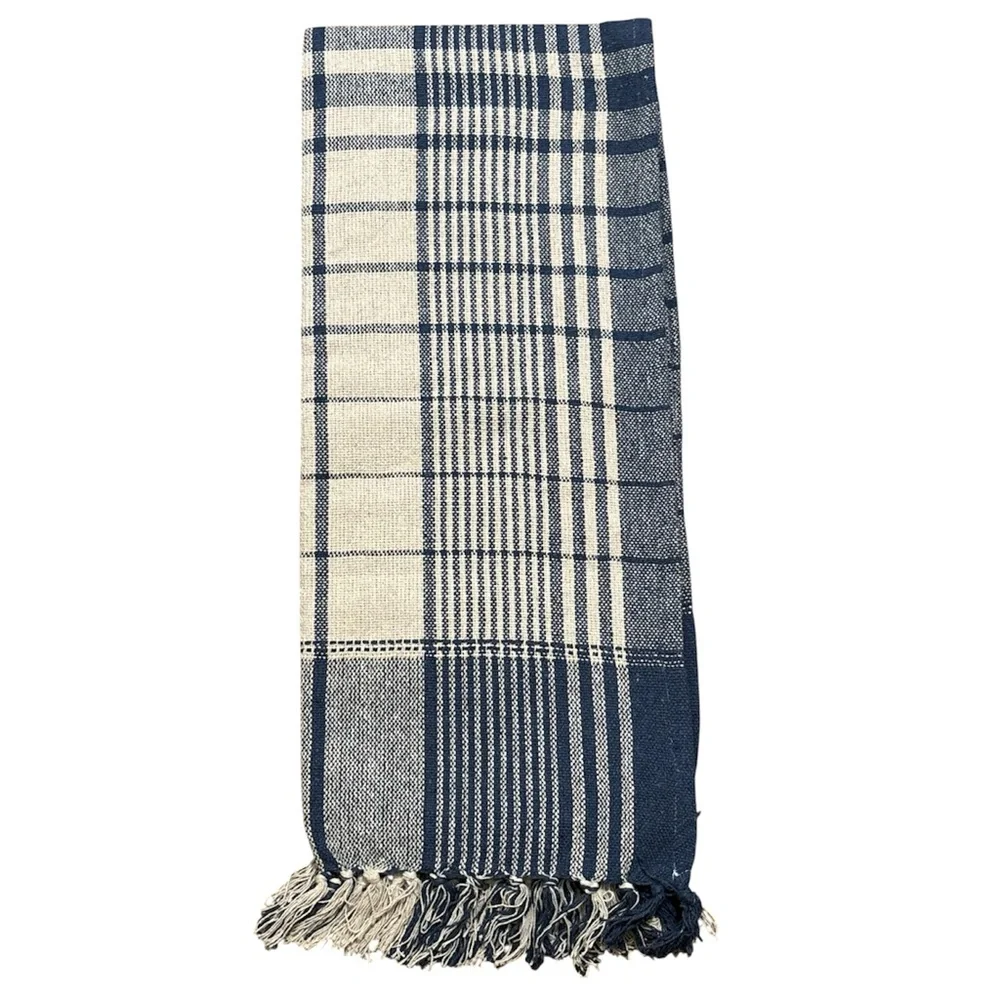 Navy Woven Plaid Checker Throw with Fringe 50x60